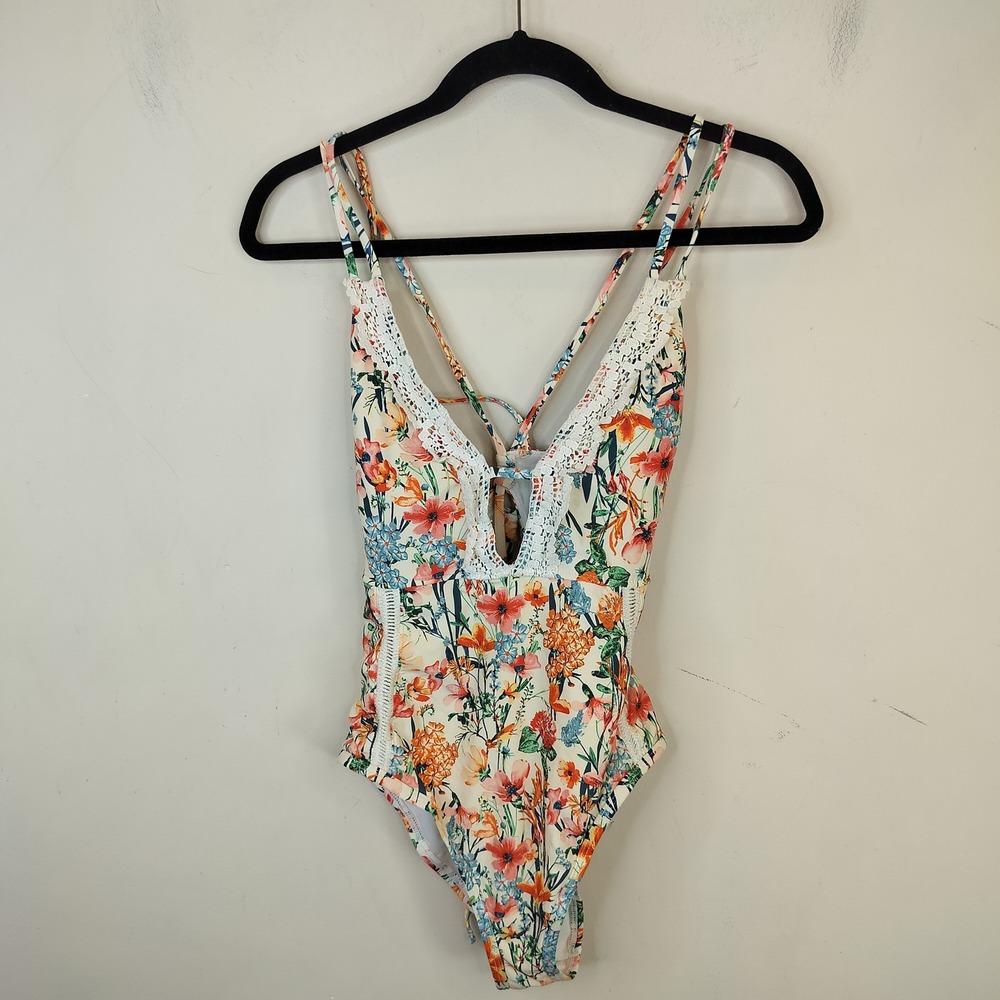 Lucky Brand Floral One Piece Swimsuit Womens Small Crochet‎ Trim Tie Back